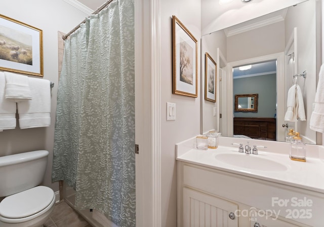 202 Montrose Dr, Waxhaw, NC 28173 - bathroom featuring vanity, ornamental molding, tile patterned floors, and a shower with curtain
