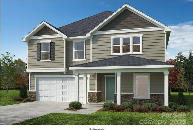 435 Lancashire Ct, Denver, NC 28037 - craftsman inspired home with covered porch, stone siding, a garage, concrete driveway, and a shingled roof
