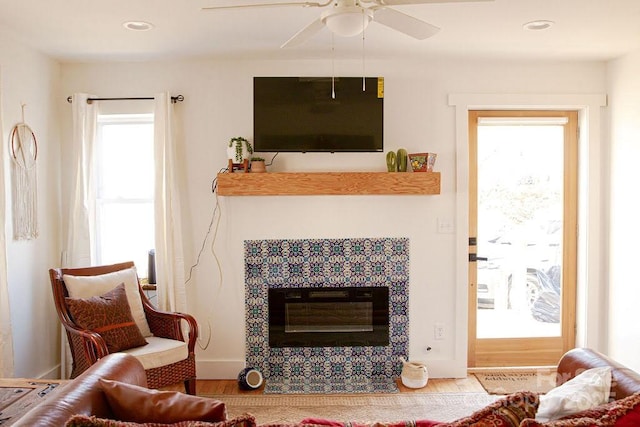 355 Walnut Ave, Spruce Pine, NC 28777 - living area featuring a fireplace, wood finished floors, a ceiling fan, and recessed lighting