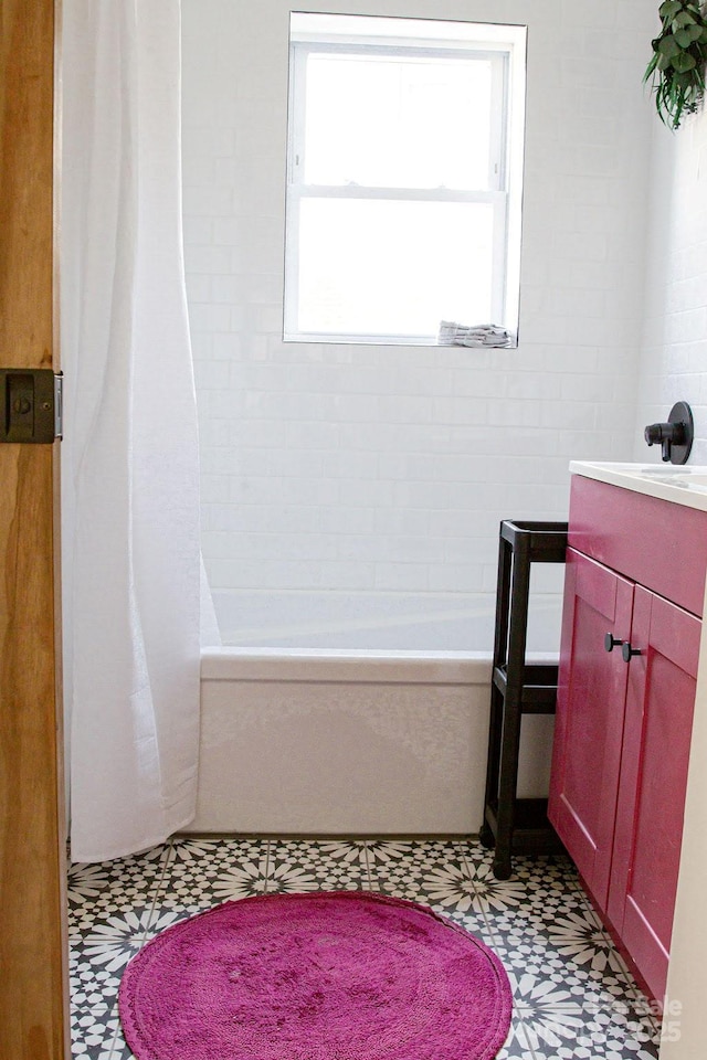 355 Walnut Ave, Spruce Pine, NC 28777 - bathroom featuring tile patterned floors, vanity, and shower / bath combo