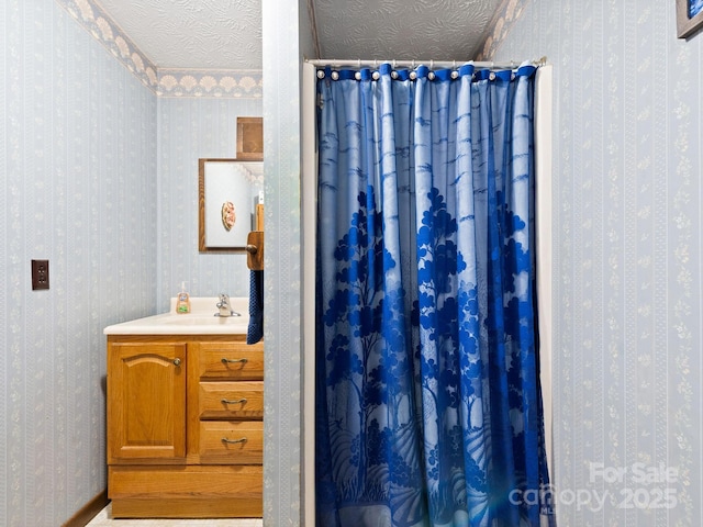 1400 Watershed Rd, Mars Hill, NC 28754 - bathroom featuring wallpapered walls, vanity, and a shower with curtain