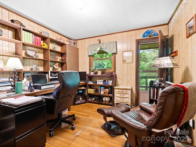 1400 Watershed Rd, Mars Hill, NC 28754 - home office featuring wood walls, crown molding, and light wood-style flooring