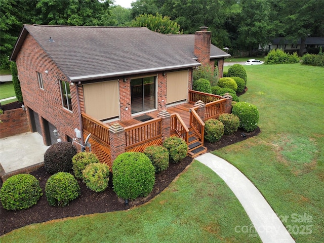614 Azalea Ln, China Grove, NC 28023 - single story home with a chimney, a wooden deck, a front lawn, a garage, and driveway