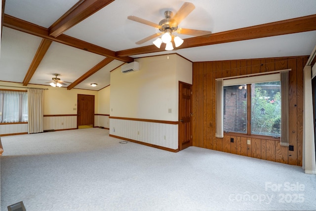 614 Azalea Ln, China Grove, NC 28023 - carpeted spare room featuring ceiling fan, an AC wall unit, wooden walls, and a wainscoted wall