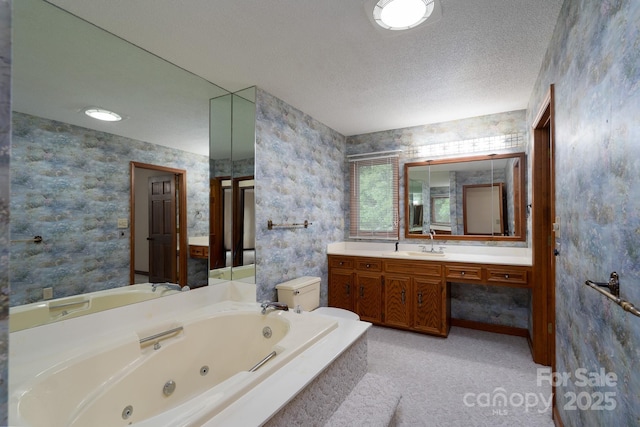 614 Azalea Ln, China Grove, NC 28023 - full bath with a tub with jets, vanity, a textured ceiling, and wallpapered walls
