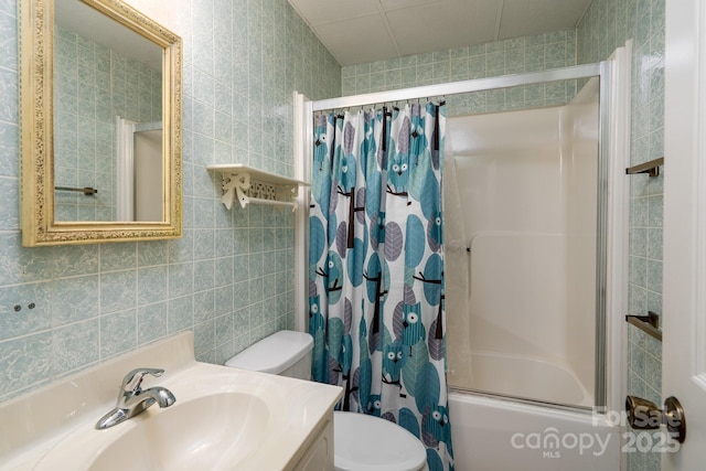 614 Azalea Ln, China Grove, NC 28023 - bathroom with tile walls, shower / tub combo, and vanity