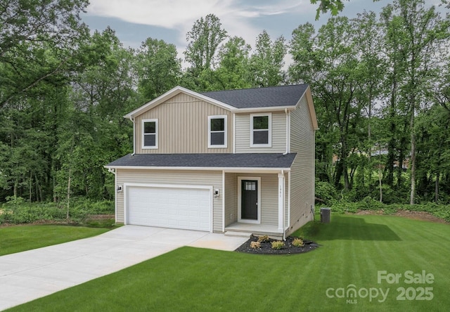 1951 32nd St NE Unit 1, Hickory, NC 28601 - traditional home with a garage, a front lawn, concrete driveway, board and batten siding, and view of scattered trees