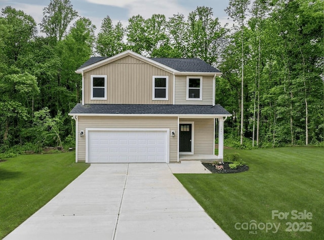 1951 32nd St NE Unit 1, Hickory, NC 28601 - traditional home with concrete driveway, a front yard, an attached garage, board and batten siding, and roof with shingles