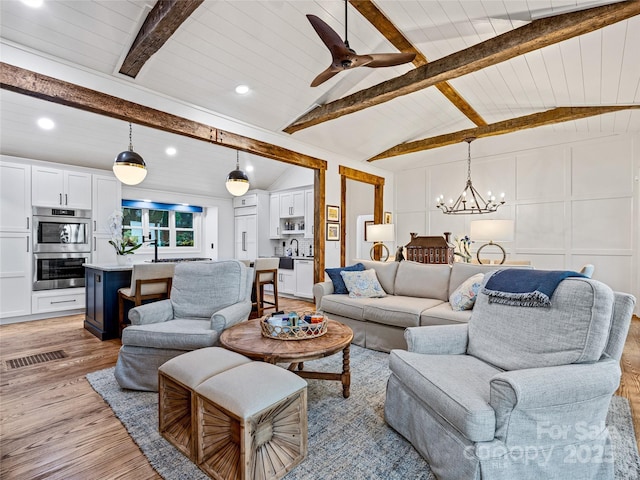 80 Raven Rock Vis, Lake Toxaway, NC 28747 - living area featuring light wood-style floors, a chandelier, recessed lighting, ceiling fan, and wood ceiling
