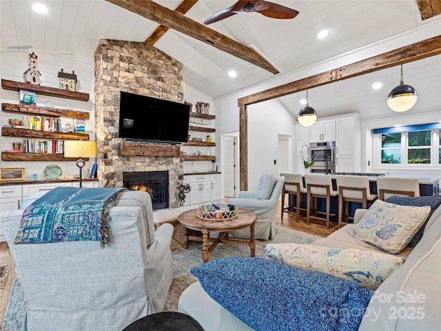 80 Raven Rock Vis, Lake Toxaway, NC 28747 - living area with ceiling fan, a fireplace, wood ceiling, and recessed lighting