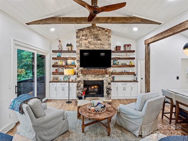 80 Raven Rock Vis, Lake Toxaway, NC 28747 - living area with light wood-style floors, a ceiling fan, a fireplace, and wooden ceiling