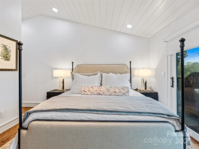 80 Raven Rock Vis, Lake Toxaway, NC 28747 - bedroom featuring wood finished floors, recessed lighting, access to outside, lofted ceiling, and wood ceiling
