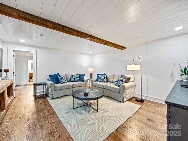 80 Raven Rock Vis, Lake Toxaway, NC 28747 - living room featuring light wood-style flooring, recessed lighting, and beam ceiling