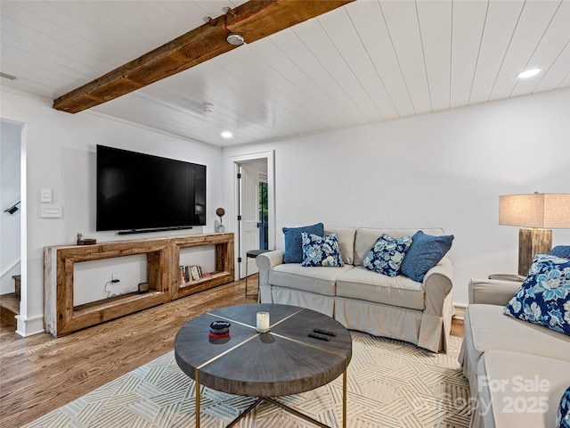 80 Raven Rock Vis, Lake Toxaway, NC 28747 - living room featuring wood finished floors, recessed lighting, a wooden ceiling with exposed beams, and stairway