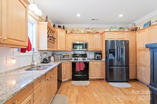 1511 Elkhart Cir, Gastonia, NC 28054 - kitchen featuring light brown cabinetry, black appliances, light stone counters, light wood-type flooring, and ornamental molding