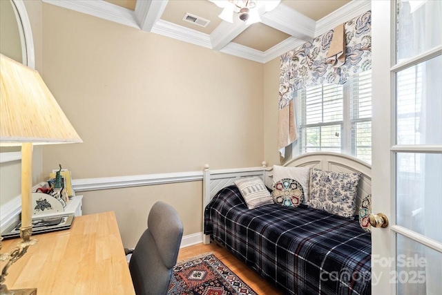1511 Elkhart Cir, Gastonia, NC 28054 - bedroom with coffered ceiling, beam ceiling, ornamental molding, wood finished floors, and ceiling fan
