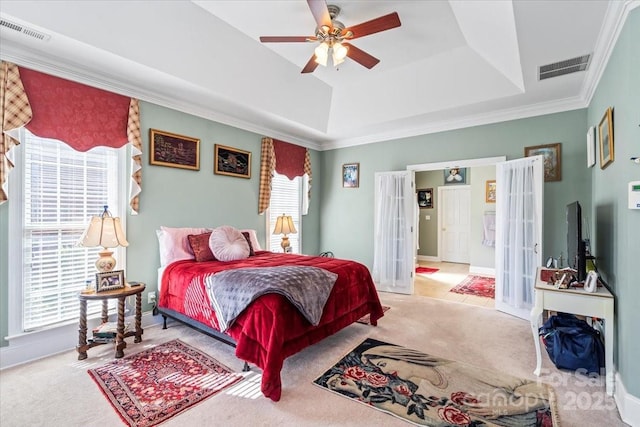 1511 Elkhart Cir, Gastonia, NC 28054 - carpeted bedroom with a raised ceiling, french doors, ornamental molding, and a ceiling fan