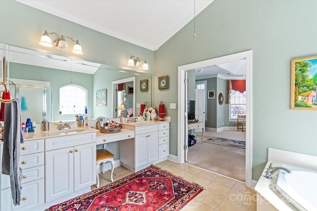 1511 Elkhart Cir, Gastonia, NC 28054 - bathroom with crown molding, vanity, tile patterned flooring, a bath, and healthy amount of natural light
