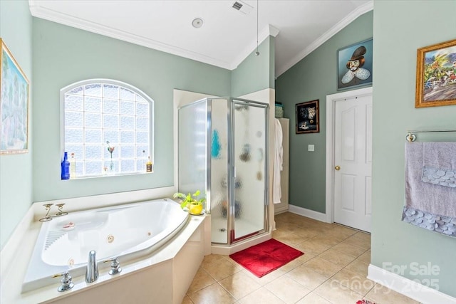 1511 Elkhart Cir, Gastonia, NC 28054 - bathroom featuring crown molding, a shower stall, a tub with jets, and tile patterned floors