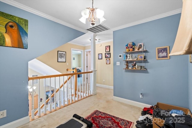 1511 Elkhart Cir, Gastonia, NC 28054 - hall featuring ornate columns, carpet, an upstairs landing, ornamental molding, and a chandelier