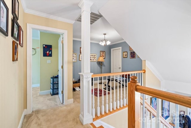 1511 Elkhart Cir, Gastonia, NC 28054 - corridor with an upstairs landing, light colored carpet, decorative columns, and ornamental molding