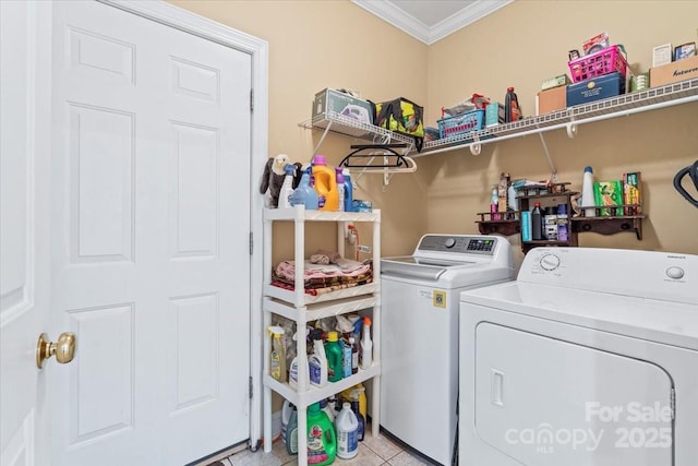 1511 Elkhart Cir, Gastonia, NC 28054 - laundry area featuring washer and dryer, ornamental molding, and light tile patterned floors