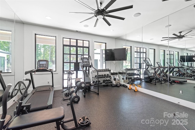 8403 Sarsfield Ct, Waxhaw, NC 28173 - workout area with ceiling fan and recessed lighting