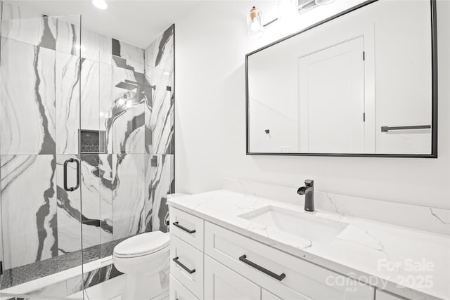 8403 Sarsfield Ct, Waxhaw, NC 28173 - full bathroom featuring vanity, a marble finish shower, and recessed lighting