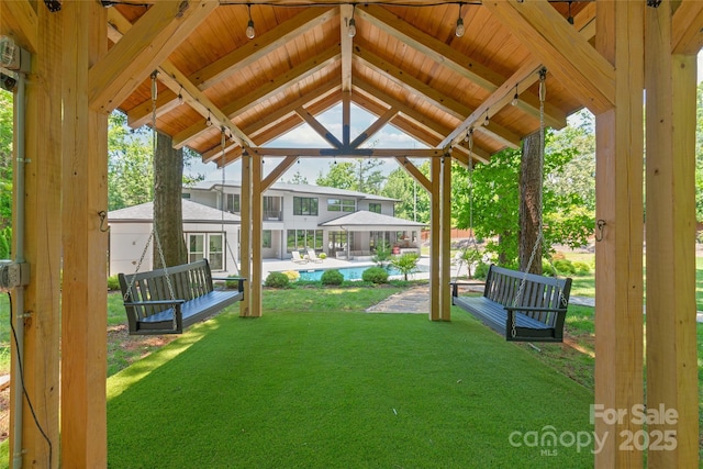 8403 Sarsfield Ct, Waxhaw, NC 28173 - view of grassy yard with a gazebo, an outdoor pool, and a patio area