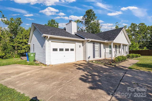 1012 Thorncrest Dr, Fletcher, NC 28732 - view of front facade with an attached garage, concrete driveway, a chimney, covered porch, and a shingled roof