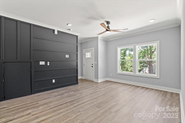 100 Boyette Dr Unit A, Albemarle, NC 28001 - unfurnished living room featuring ceiling fan, crown molding, light wood-style flooring, and recessed lighting