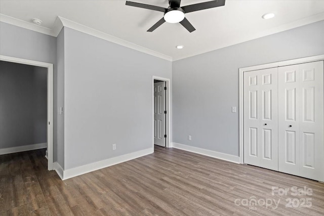 100 Boyette Dr Unit A, Albemarle, NC 28001 - unfurnished bedroom with ornamental molding, wood finished floors, a closet, recessed lighting, and ceiling fan