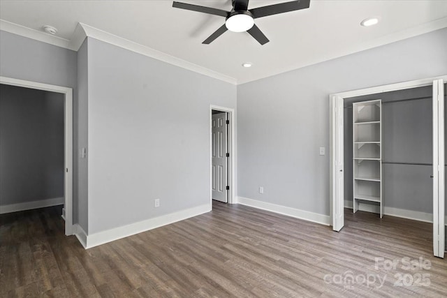 100 Boyette Dr Unit A, Albemarle, NC 28001 - unfurnished bedroom with ornamental molding, wood finished floors, a ceiling fan, and recessed lighting