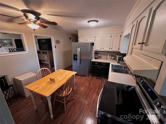 313 Willow St, Stanley, NC 28164 - kitchen with stainless steel appliances, white cabinetry, light countertops, dark wood-style flooring, and a ceiling fan