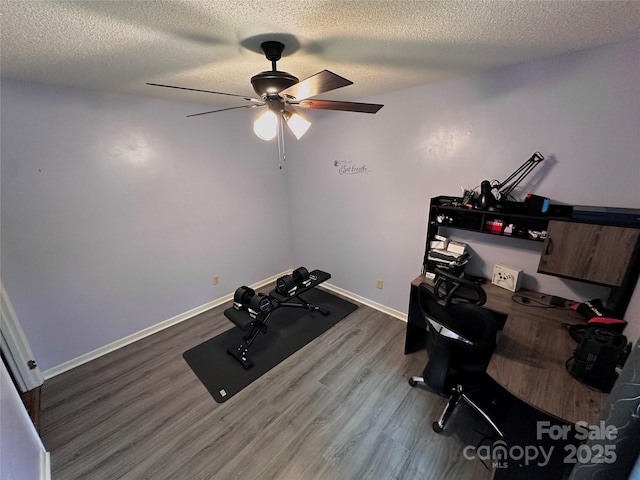 313 Willow St, Stanley, NC 28164 - workout room featuring ceiling fan, wood finished floors, and a textured ceiling