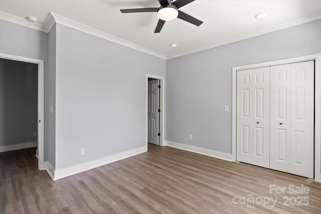 100 Boyette Dr Unit B, Albemarle, NC 28001 - unfurnished bedroom featuring crown molding, wood finished floors, a closet, ceiling fan, and recessed lighting