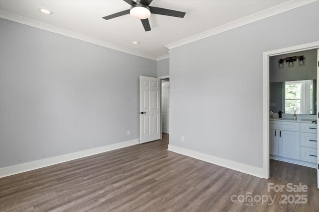 100 Boyette Dr Unit B, Albemarle, NC 28001 - unfurnished bedroom featuring crown molding, dark wood-type flooring, recessed lighting, ensuite bathroom, and a ceiling fan