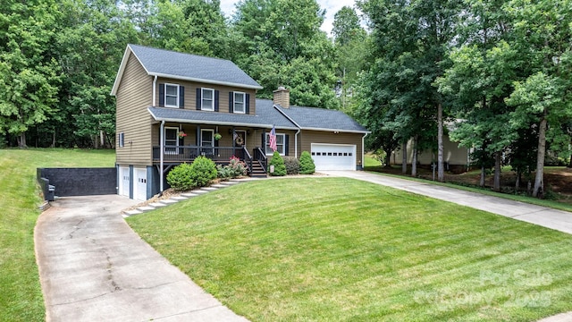 123 Clearwater Dr, Morganton, NC 28655 - view of front of home featuring concrete driveway, a porch, a front lawn, a chimney, and roof with shingles