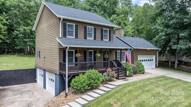 123 Clearwater Dr, Morganton, NC 28655 - view of front of house with concrete driveway, a porch, a front yard, a garage, and roof with shingles