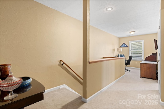 123 Clearwater Dr, Morganton, NC 28655 - corridor with an upstairs landing, carpet floors, an office area, and a textured ceiling