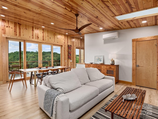 511 Emerald Mine Rd, Spruce Pine, NC 28777 - living area featuring a wall mounted AC, wood ceiling, light wood-style floors, recessed lighting, and a ceiling fan
