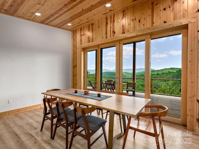 511 Emerald Mine Rd, Spruce Pine, NC 28777 - dining space featuring recessed lighting, a mountain view, wood ceiling, light wood-style floors, and french doors
