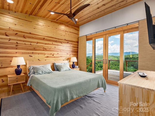 511 Emerald Mine Rd, Spruce Pine, NC 28777 - bedroom featuring wooden ceiling, access to outside, wood walls, recessed lighting, and wood finished floors