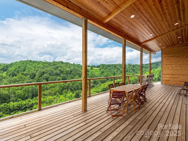 511 Emerald Mine Rd, Spruce Pine, NC 28777 - wooden deck featuring a forest view and outdoor dining space