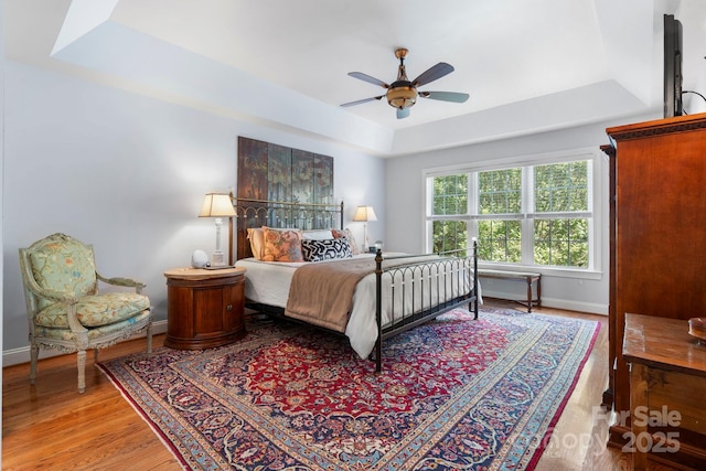 1902 4th Street Ct NW, Hickory, NC 28601 - bedroom with a tray ceiling, wood finished floors, and ceiling fan