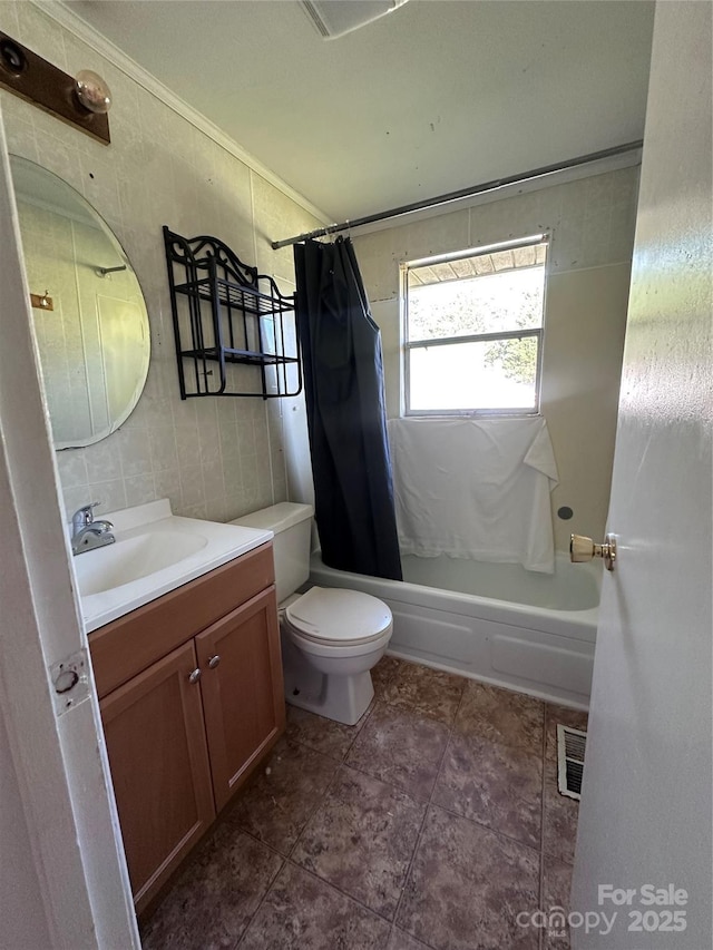 508 S Ave SW, Valdese, NC 28680 - bathroom with vanity, shower / bath combo, and ornamental molding