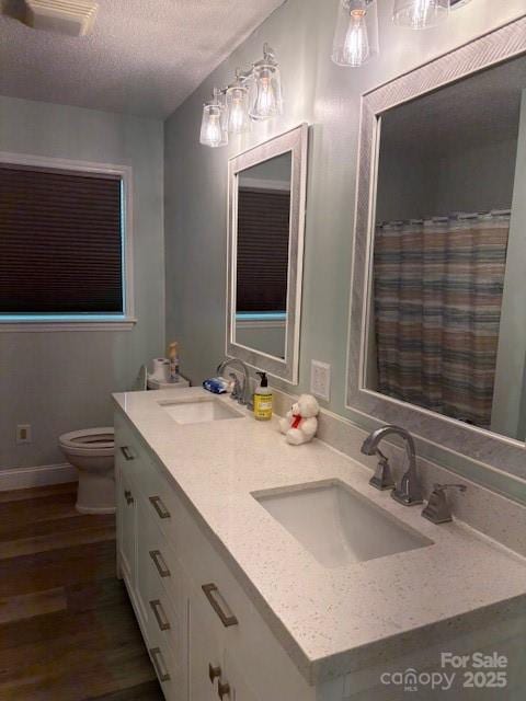 182 Redhawk Ln, Olin, NC 28660 - full bathroom with a textured ceiling, double vanity, and wood finished floors