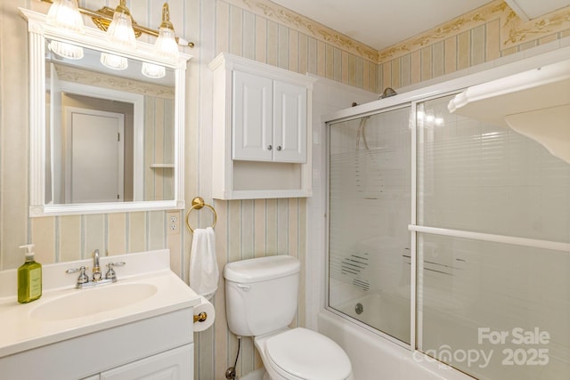 102 Boyd Dr Unit 7A, Flat Rock, NC 28731 - full bathroom with wallpapered walls, vanity, and bath / shower combo with glass door