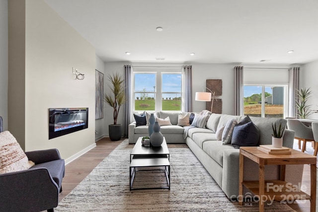 2589 Blue Sky Meadows Dr, Monroe, NC 28110 - living room featuring healthy amount of natural light, light wood-style flooring, a glass covered fireplace, and recessed lighting