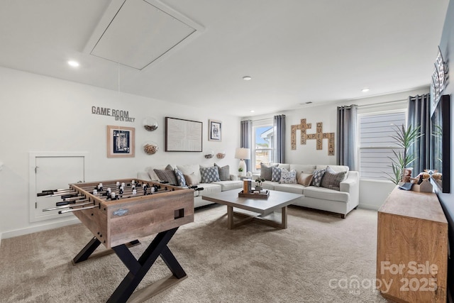 2589 Blue Sky Meadows Dr, Monroe, NC 28110 - game room with attic access, light colored carpet, and recessed lighting